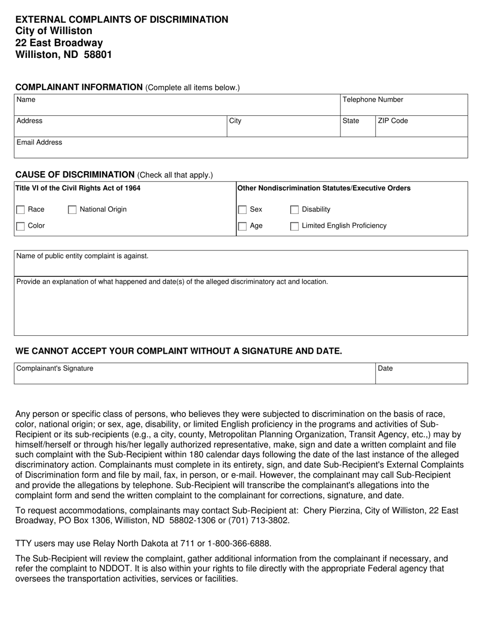 City of Williston, North Dakota External Complaints of Discrimination ...