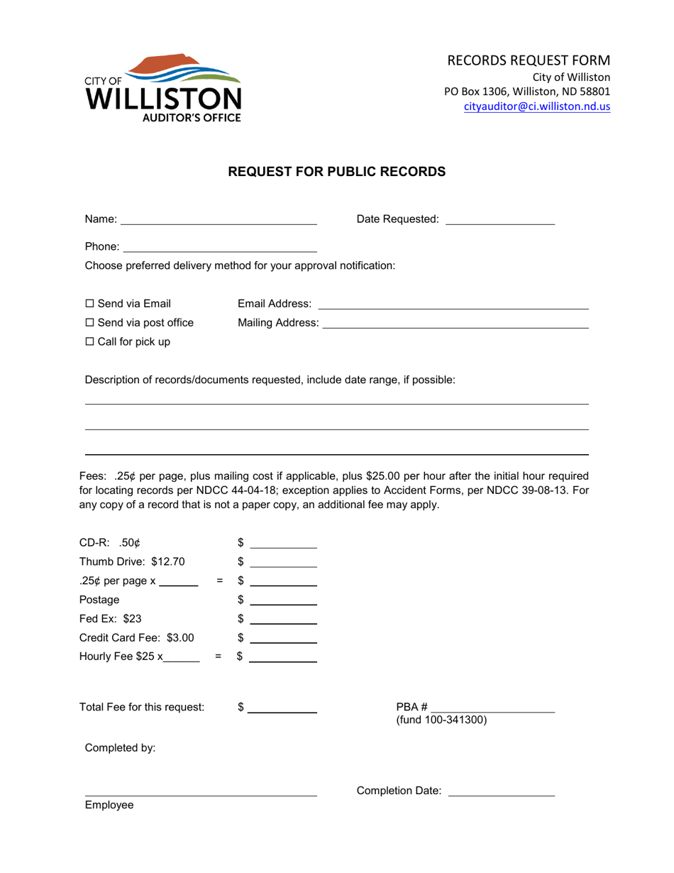 Records Request Form - City of Williston, North Dakota, Page 1
