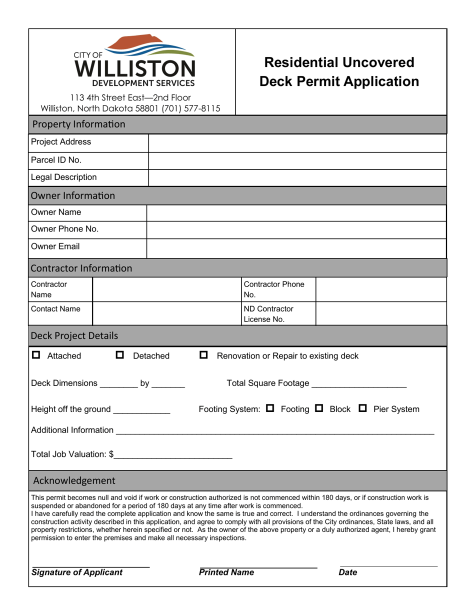 Residential Uncovered Deck Permit Application - City of Williston, North Dakota, Page 1