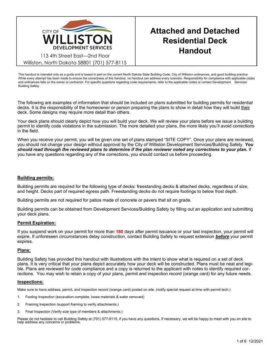 Attached and Detached Residential Deck Handout - City of Williston, North Dakota, Page 1