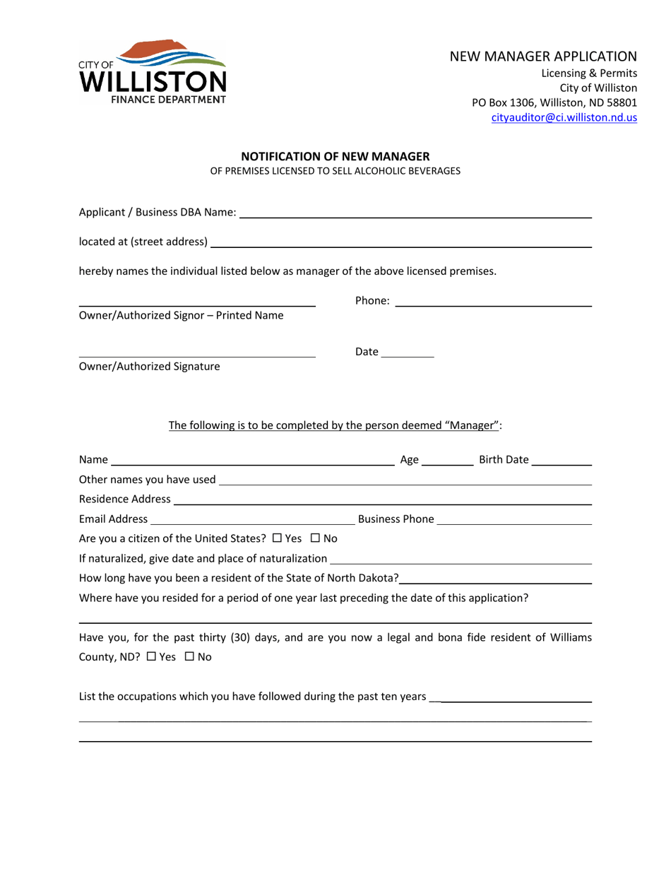 New Manager Application - City of Williston, North Dakota, Page 1