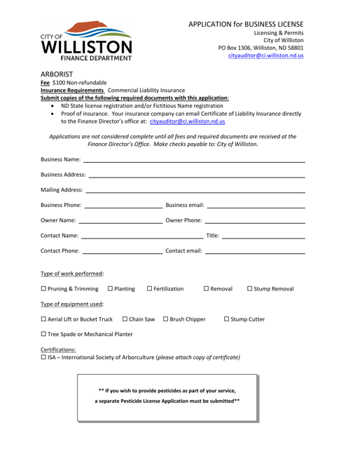 Application for Business License - Arborist - City of Williston, North Dakota Download Pdf
