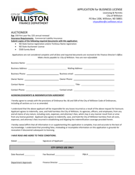 Document preview: Application for Business License - Auctioneer - City of Williston, North Dakota