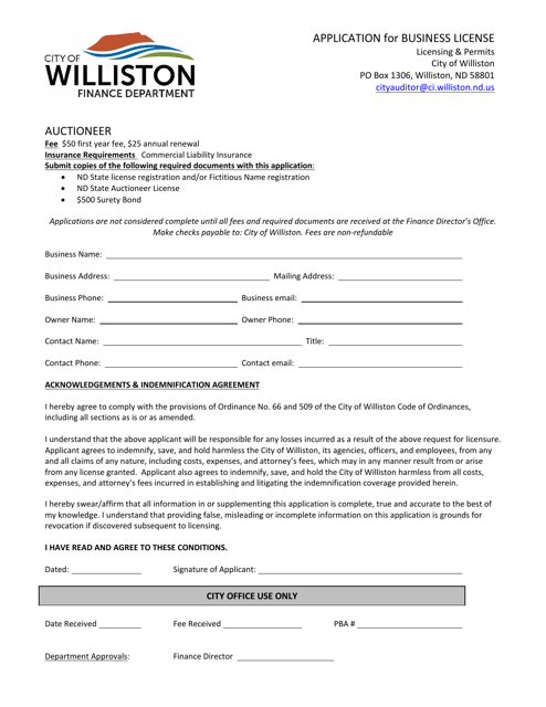 Application for Business License - Auctioneer - City of Williston, North Dakota Download Pdf