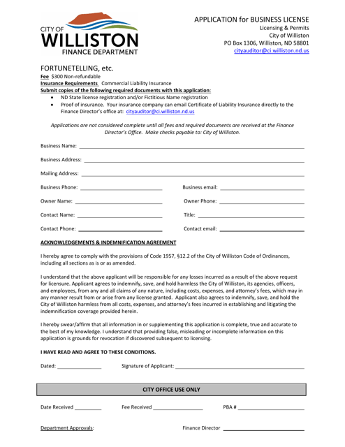 Application for Business License - Fortunetelling, Etc. - City of Williston, North Dakota Download Pdf