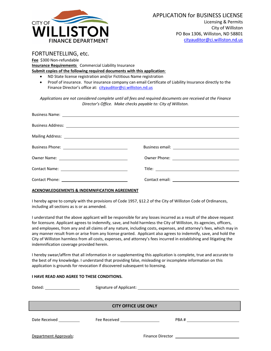 Application for Business License - Fortunetelling, Etc. - City of Williston, North Dakota, Page 1