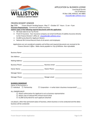 Document preview: Application for Business License - Frozen Dessert Vendor - City of Williston, North Dakota
