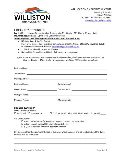 Application for Business License - Frozen Dessert Vendor - City of Williston, North Dakota Download Pdf
