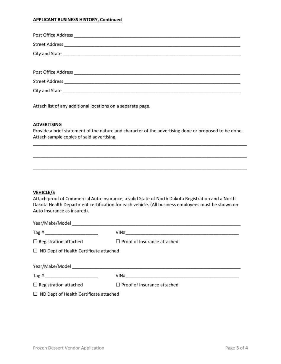 Application for Business License - Frozen Dessert Vendor - City of Williston, North Dakota, Page 3