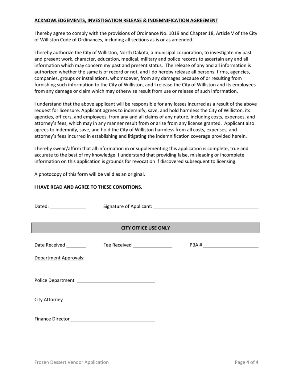 Application for Business License - Frozen Dessert Vendor - City of Williston, North Dakota, Page 4