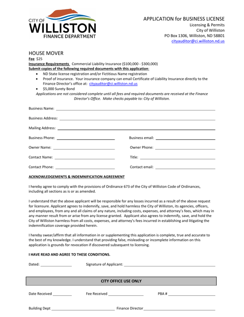 Application for Business License - House Mover - City of Williston, North Dakota
