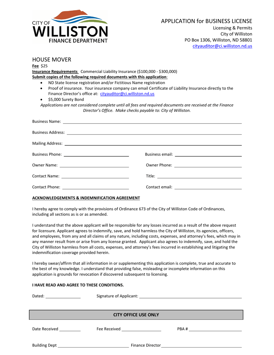 Application for Business License - House Mover - City of Williston, North Dakota, Page 1