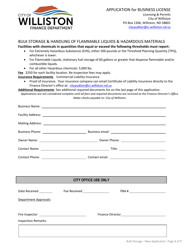 Document preview: Application for Business License - Bulk Storage & Handling of Flammable Liquids & Hazardous Materials - City of Williston, North Dakota