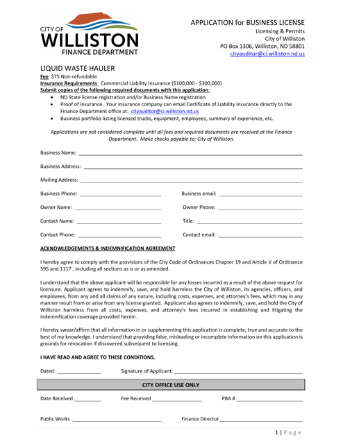 Application for Business License - Liquid Waste Hauler - City of Williston, North Dakota Download Pdf