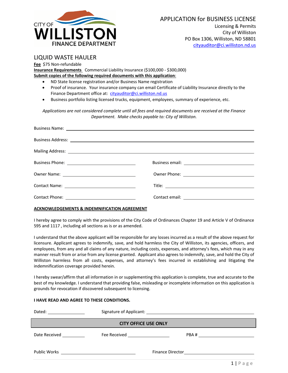 Application for Business License - Liquid Waste Hauler - City of Williston, North Dakota, Page 1