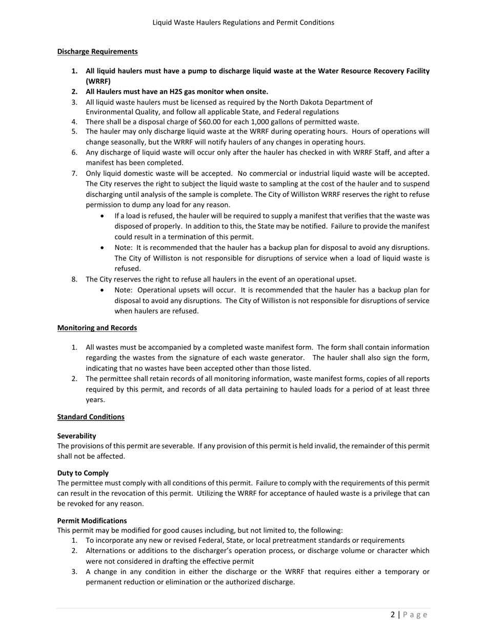 Application for Business License - Liquid Waste Hauler - City of Williston, North Dakota, Page 2