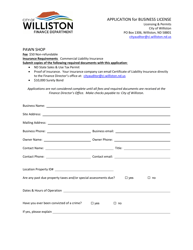 Document preview: Application for Business License - Pawn Shop - City of Williston, North Dakota
