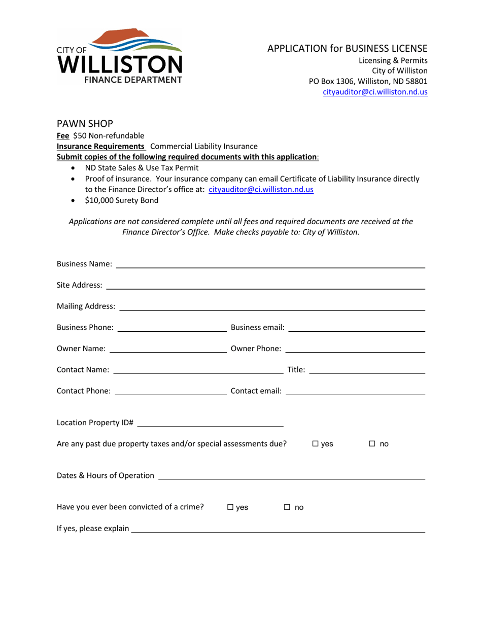 Application for Business License - Pawn Shop - City of Williston, North Dakota, Page 1