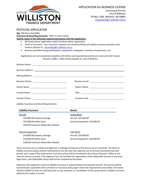 Application for Business License - Pesticide Applicator - City of Williston, North Dakota Download Pdf