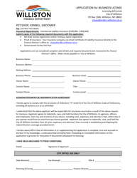 Document preview: Application for Business License - Pet Shop, Kennel, Groomer - City of Williston, North Dakota