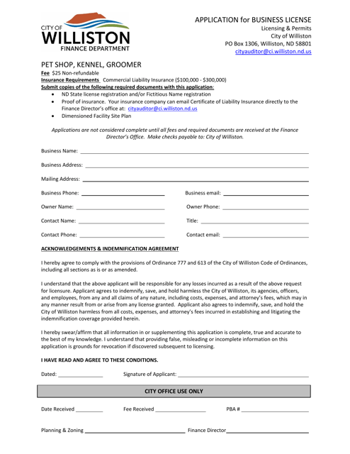 Application for Business License - Pet Shop, Kennel, Groomer - City of Williston, North Dakota