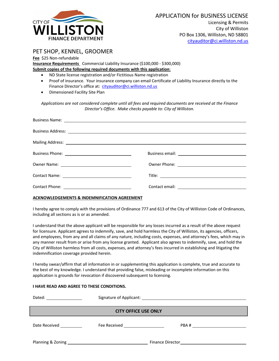 City of Williston, North Dakota Application for Business License Pet