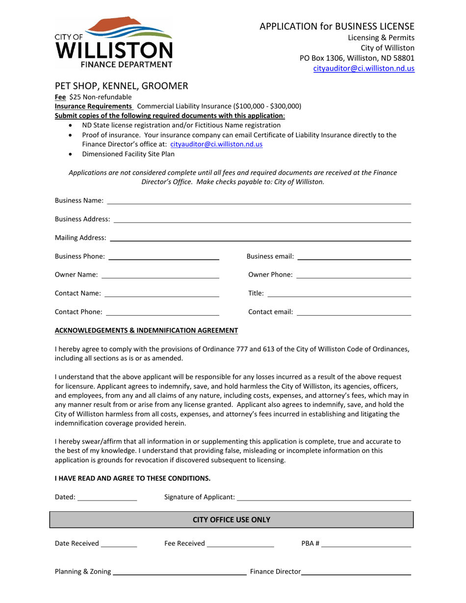 Application for Business License - Pet Shop, Kennel, Groomer - City of Williston, North Dakota, Page 1