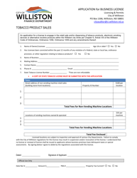Document preview: Application for Business License - Tobacco Product Sales - City of Williston, North Dakota