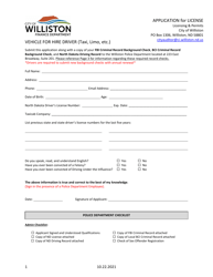 Document preview: Application for License 0 Vehicle for Hire Driver (Taxi, Limo, Etc.) - City of Williston, North Dakota