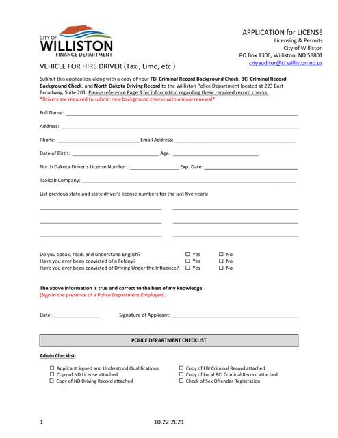Application for License 0 Vehicle for Hire Driver (Taxi, Limo, Etc.) - City of Williston, North Dakota Download Pdf