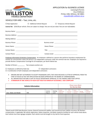 Document preview: Application for Business License - Vehicle for Hire - Taxi, Limo, Etc. - City of Williston, North Dakota