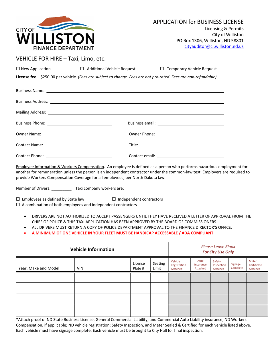 Application for Business License - Vehicle for Hire - Taxi, Limo, Etc. - City of Williston, North Dakota, Page 1