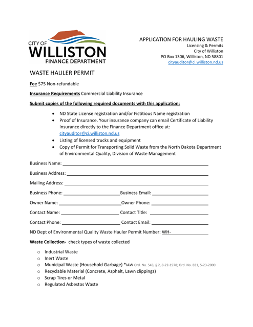 Application for Hauling Waste - City of Williston, North Dakota Download Pdf
