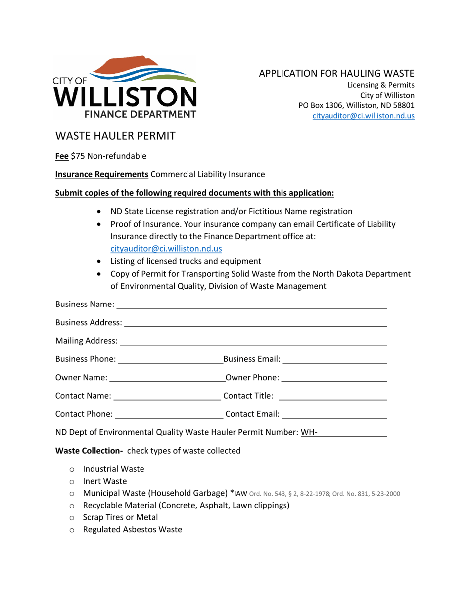 Application for Hauling Waste - City of Williston, North Dakota, Page 1