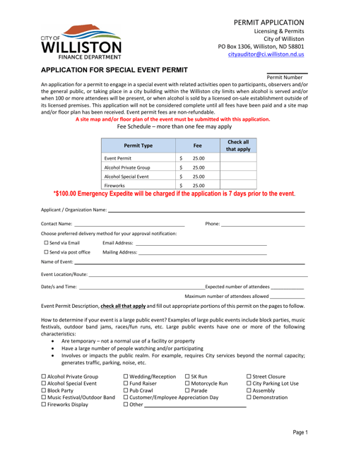 Application for Special Event Permit - City of Williston, North Dakota Download Pdf