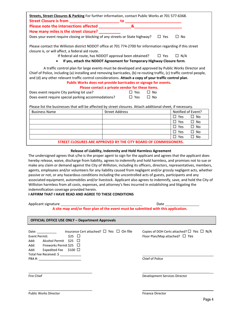 City Of Williston, North Dakota Application For Special Event Permit 