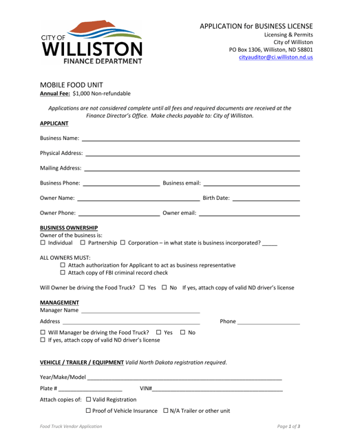 Application for Business License - Mobile Food Unit - City of Williston, North Dakota Download Pdf