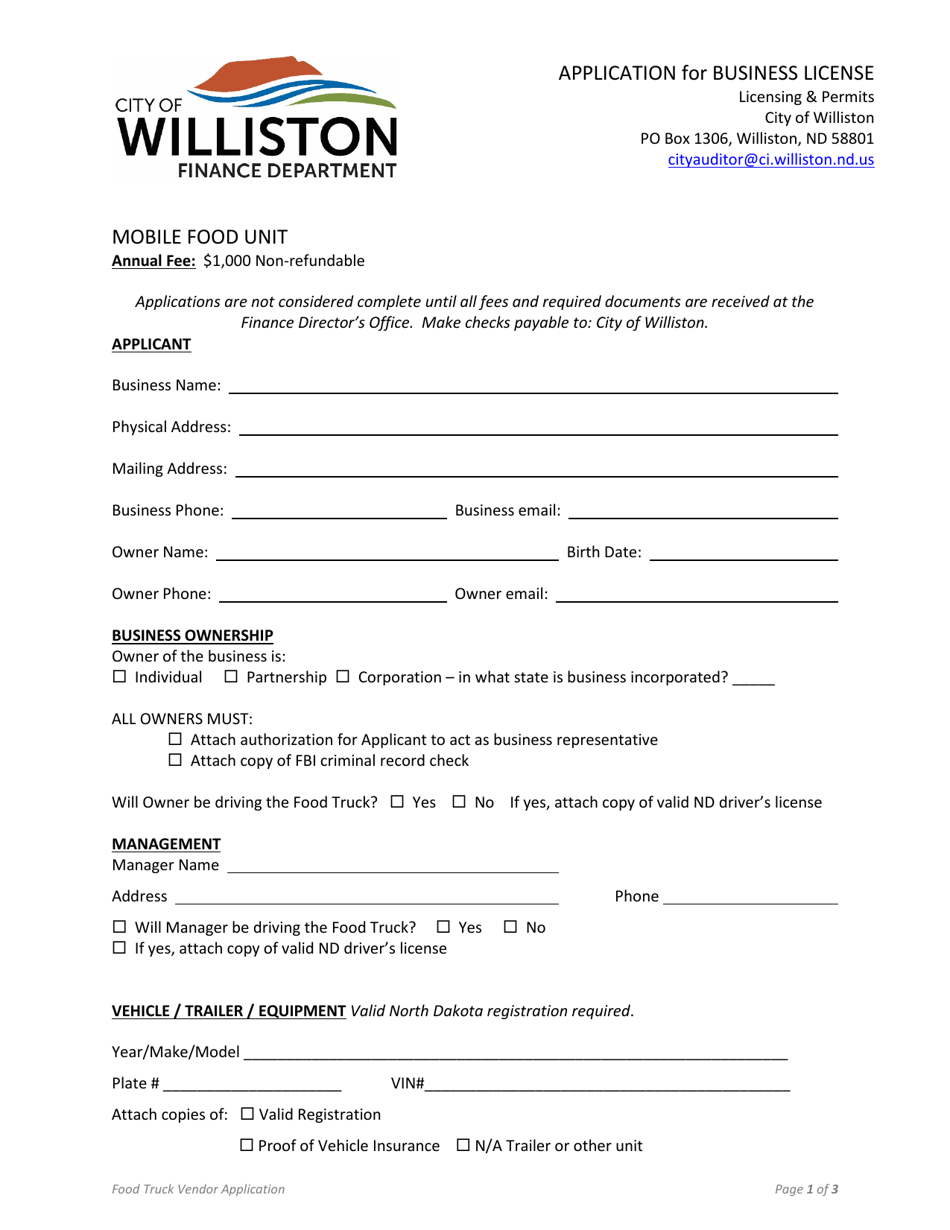 Application for Business License - Mobile Food Unit - City of Williston, North Dakota, Page 1