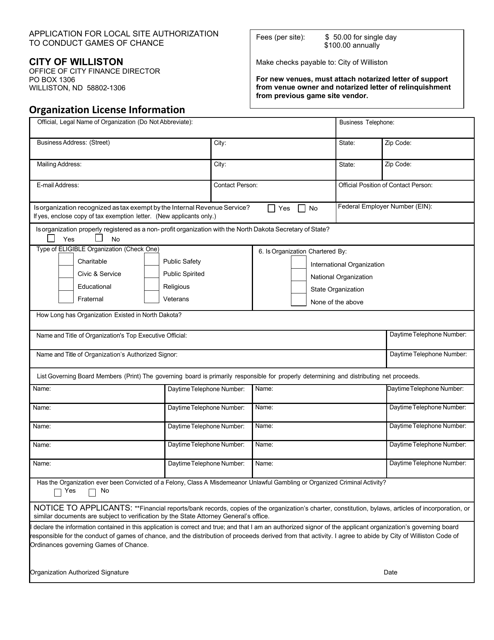 Application for Local Site Authorization to Conduct Games of Chance - City of Williston, North Dakota Download Pdf