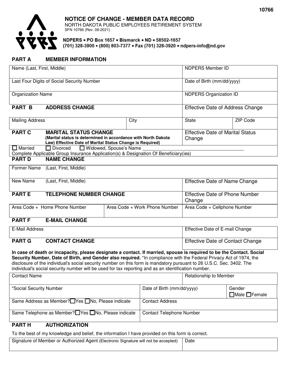 Form SFN10766 Notice of Change - Member Data Record - North Dakota, Page 1