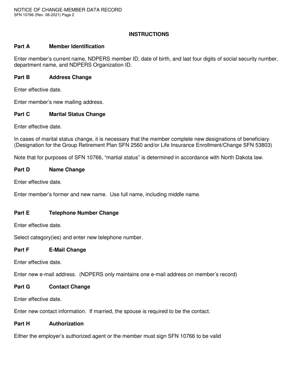 Form SFN10766 Notice of Change - Member Data Record - North Dakota, Page 2