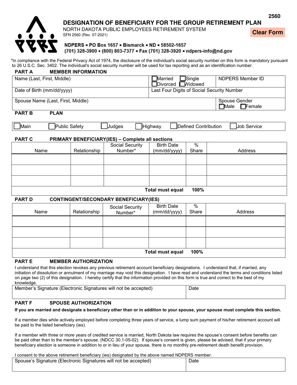 Form SFN2560 Designation of Beneficiary for the Group Retirement Plan - North Dakota, Page 1