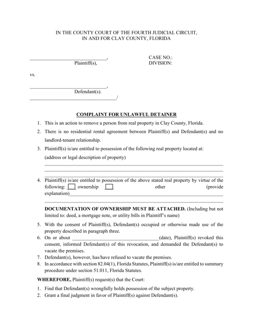 Complaint for Unlawful Detainer - Clay County, Florida Download Pdf
