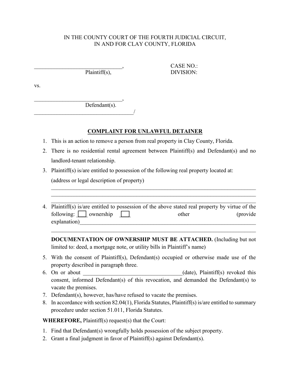 Complaint for Unlawful Detainer - Clay County, Florida, Page 1