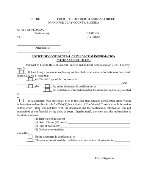 Notice of Confidential Crime Victim Information Within Court Filing - Clay County, Florida Download Pdf