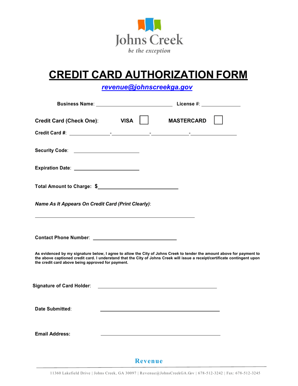 Credit Card Authorization Form - City of Johns Creek, Georgia (United States), Page 1