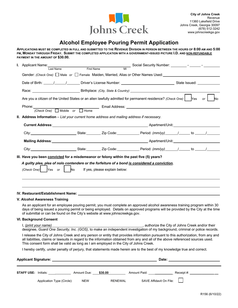 Form R156 Alcohol Employee Pouring Permit Application - City of Johns Creek, Georgia (United States), Page 1