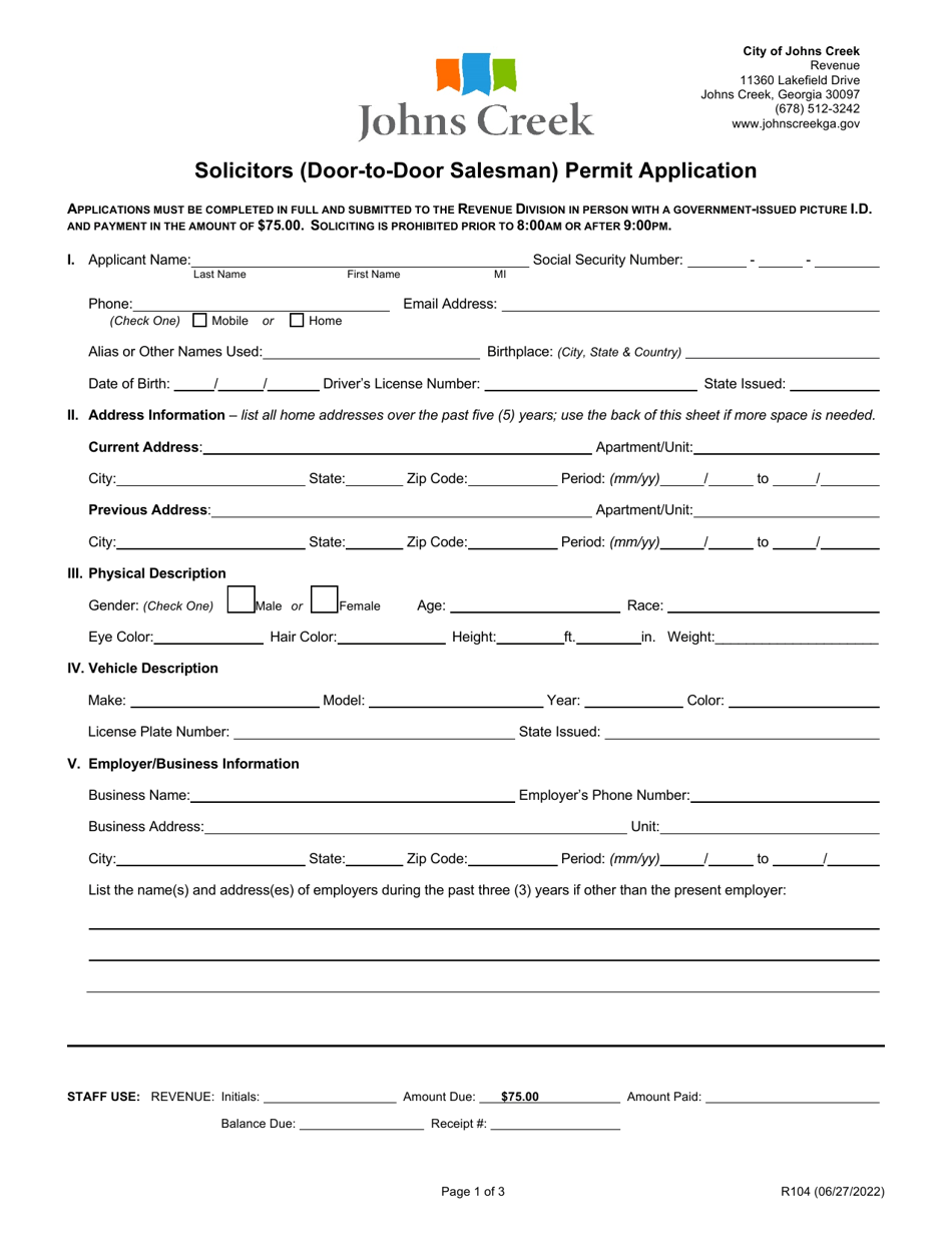 Form R104 Solicitors (Door-To-Door Salesman) Permit Application - City of Johns Creek, Georgia (United States), Page 1