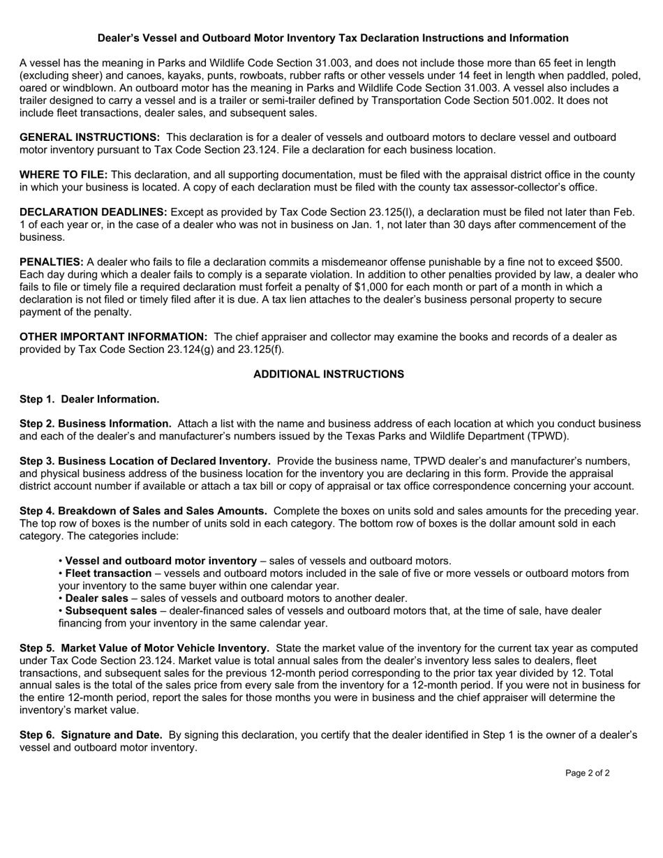Form 23.12D Dealers Vessel, Trailer and Outboard Inventory Declaration - Harris County, Texas, Page 2