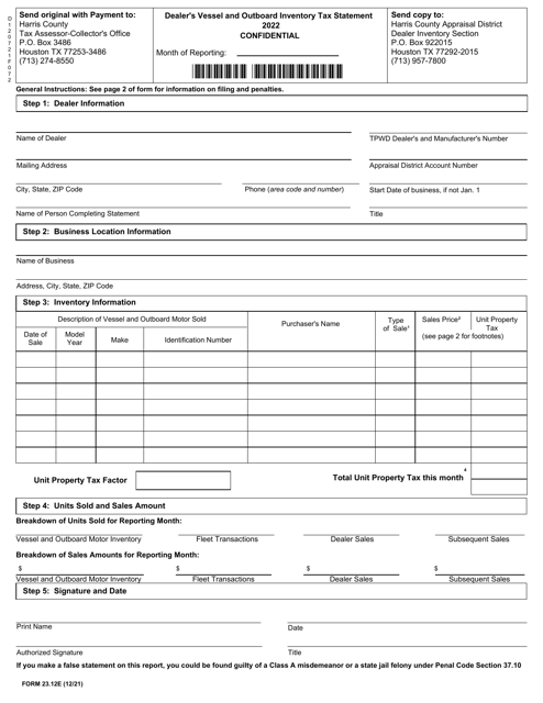 Form 23.12E Dealer&#039;s Vessel and Outboard Inventory Tax Statement - Harris County, Texas, 2022